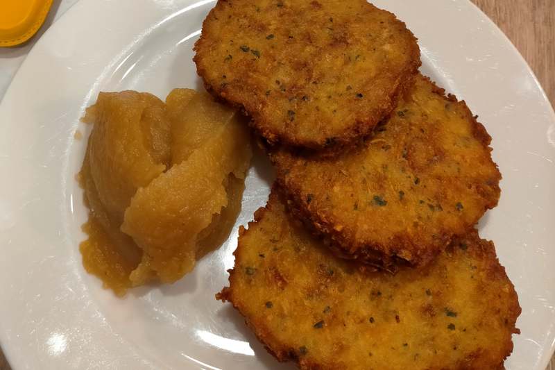 Gromperekichelcher, Luxembourgish potato fritters, served with apple compote.